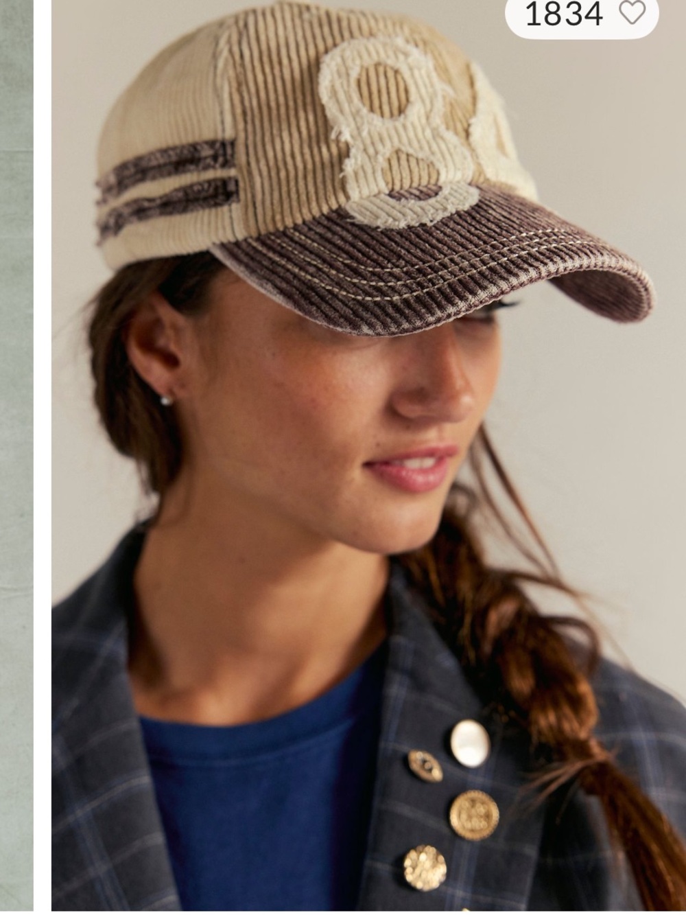 Free People Hollie Varaity Ivory & Brown Corduroy Baseball Cap with '84' Patch